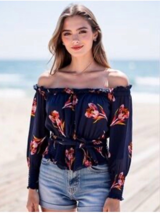 Express Tops - Express Navy Floral Off-Shoulder Smocked Waist Blouse